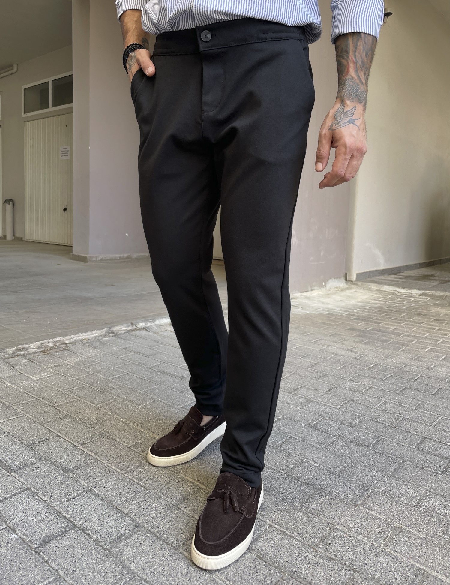 Ανδρικό μαύρο παντελόνι υφασμάτινο ελαστικό με λάστιχο στην μέση BO209 φωτογραφία